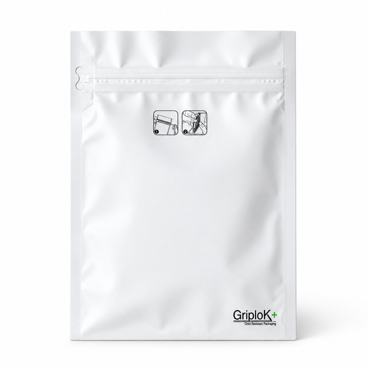 GriploK + Tamper-Evident CR Tab Bag with 30% PCR – 6" x 7.5" x 2.63", Gusseted, Matte White - 1000 count ($0.36/unit)