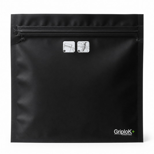 GriploK + Tamper-Evident CR Tab Bag with 30% PCR – 7" x 8" x 2.63", Gusseted, Matte Black - 1000 count ($0.38/unit)