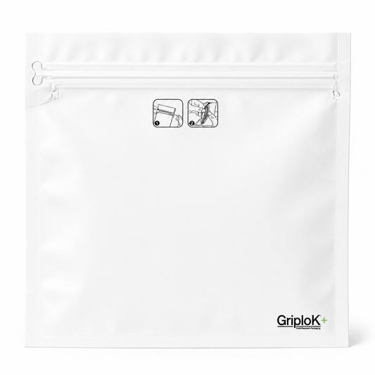 GriploK + Tamper-Evident CR Tab Bag with 30% PCR – 7" x 8" x 2.63", Gusseted, Matte White - 1000 count ($0.38/unit)