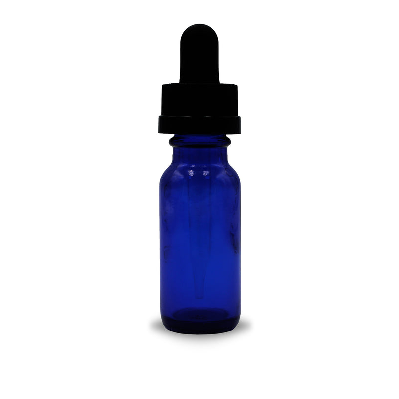 15ml (.5oz) Cobalt Opaque Glass Boston Round Dropper Bottle with Black Child-Resistant Glass Pipette