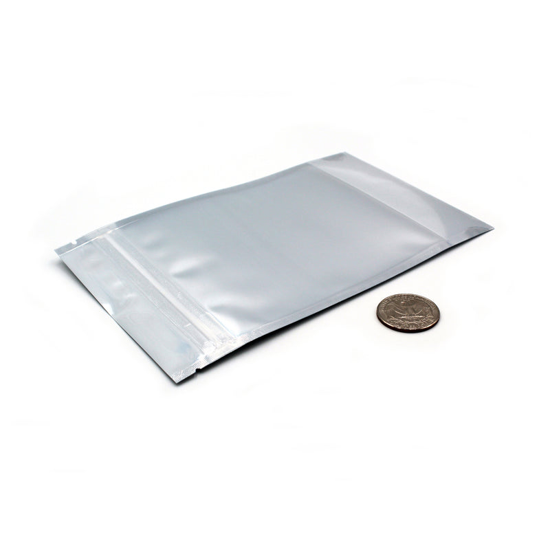 1/4oz (7g) White Vista Mylar/High-Barrier Bags with UV-Resistant Clear Side & Gusseted Bottom (Comparison Picture)