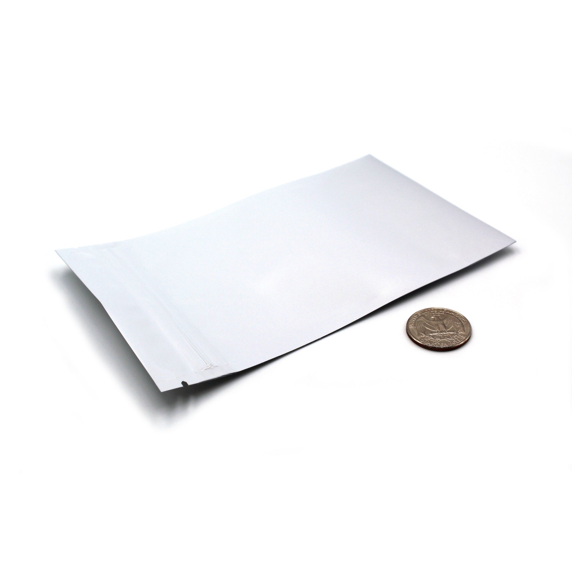 1/4oz (7g) White Vista Mylar/High-Barrier Bags with UV-Resistant Clear Side & Gusseted Bottom (Comparison Picture)