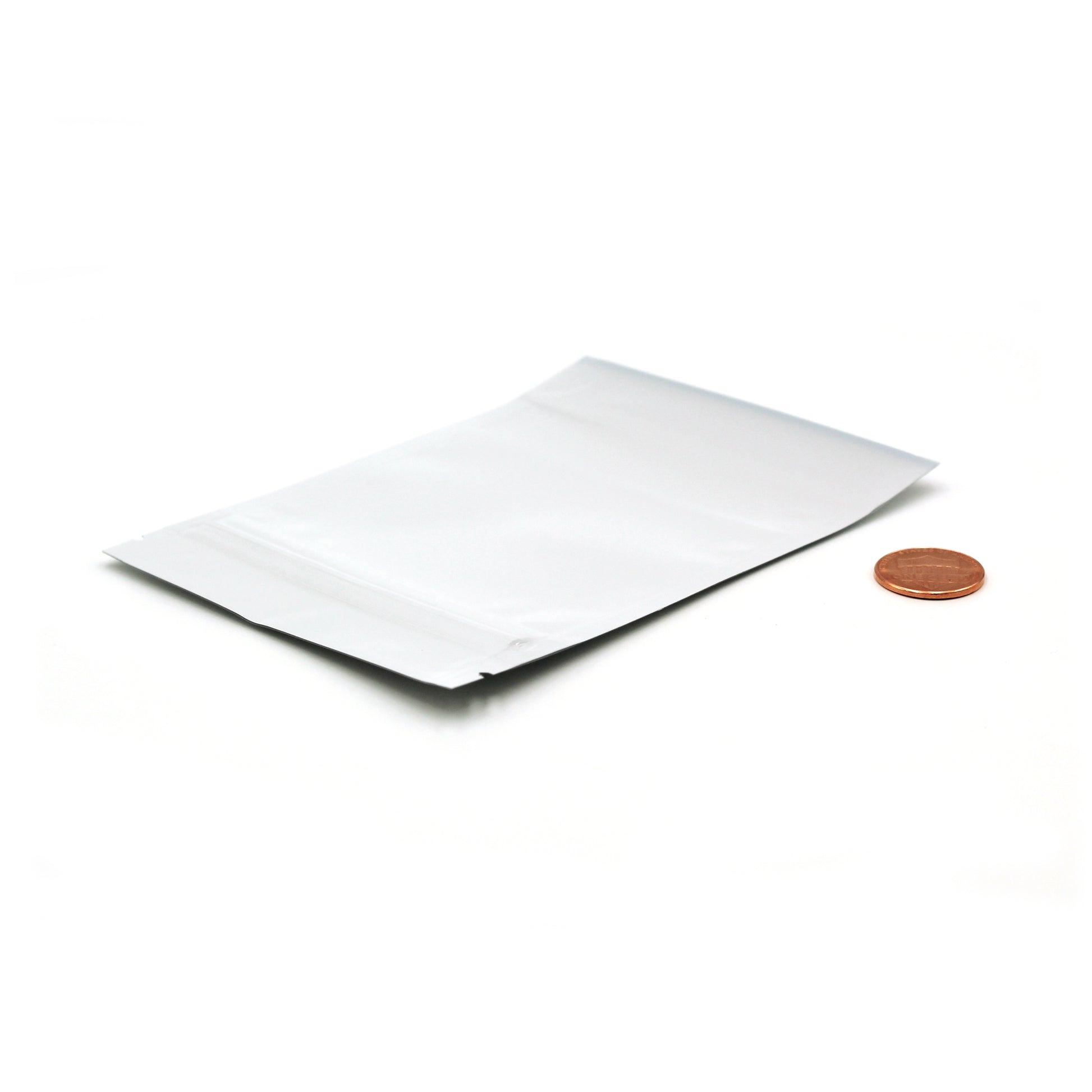 1/8oz (3.5g) White Vista Mylar/High-Barrier Bags with UV-Resistant Clear Side & Gusseted Bottom (Comparison Picture)