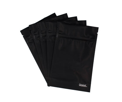 1/8oz (3.5g) Opaque Black Child-Resistant GriploK Mylar Dispensary Bag with Film Above Zipper (Hero Shot)
