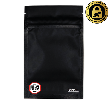 Maine & Massachusetts "Not Safe For Kids" THC Sticker/Label Warning Symbol on a 3.5g Matte Black Child-Resistant GriploK Mylar Dispensary Bag