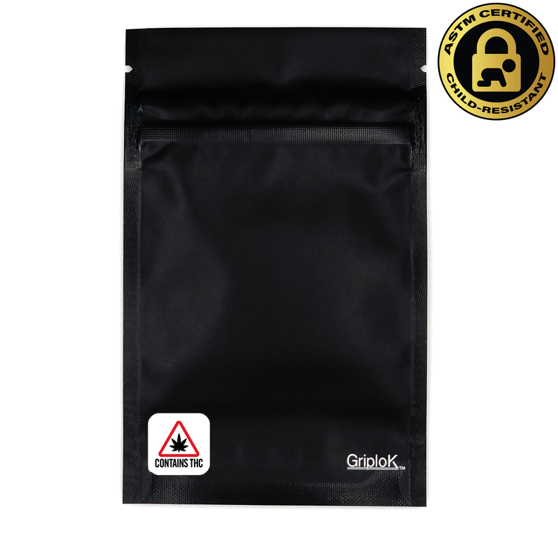 Maine & Massachusetts THC Paper Sticker/Label Warning Symbol on a 3.5g Matte Black Child-Resistant GriploK Mylar Dispensary Bag