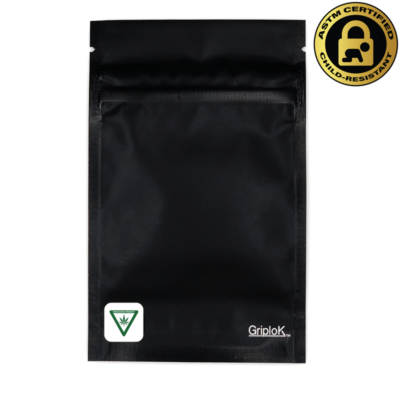 Michigan THC Paper Sticker/Label Warning Symbol on a 3.5g Matte Black Child-Resistant GriploK Mylar Dispensary Bag