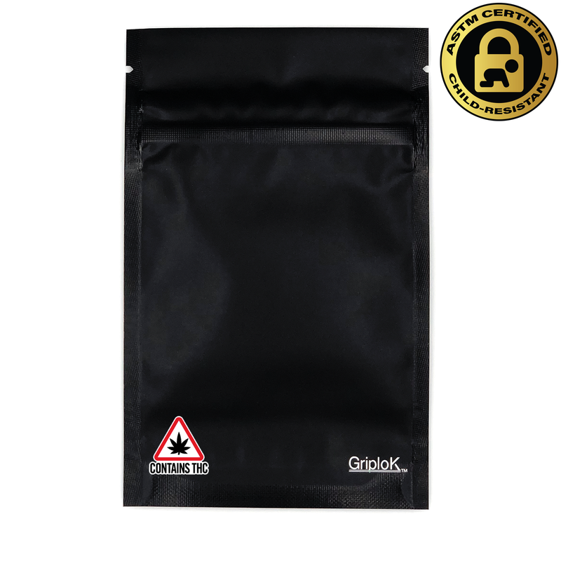 Maine & Massachusetts THC Sticker/Label Warning Symbol on a 3.5g Matte Black Child-Resistant GriploK Mylar Dispensary Bag