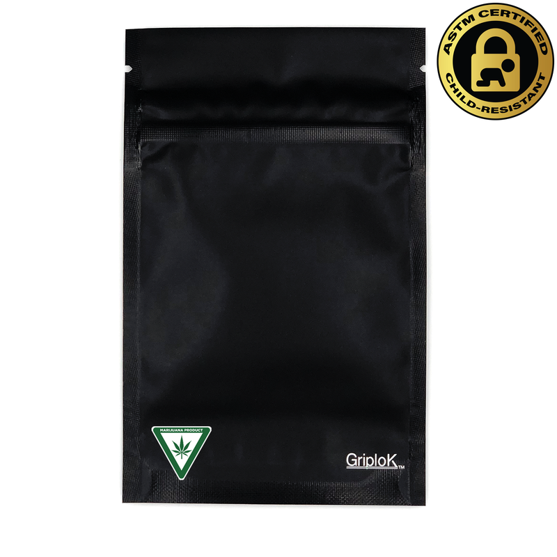 Michigan THC Sticker/Label Warning Symbol on a 3.5g Matte Black Child-Resistant GriploK Mylar Dispensary Bag