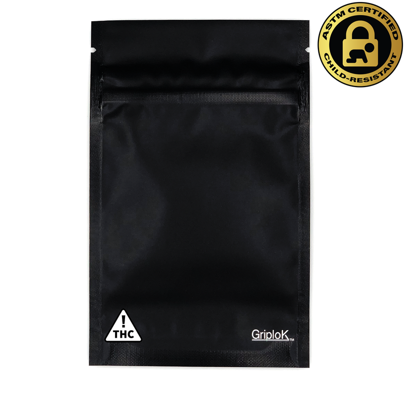 Nevada THC Sticker/Label Warning Symbol on a 3.5g Matte Black Child-Resistant GriploK Mylar Dispensary Bag