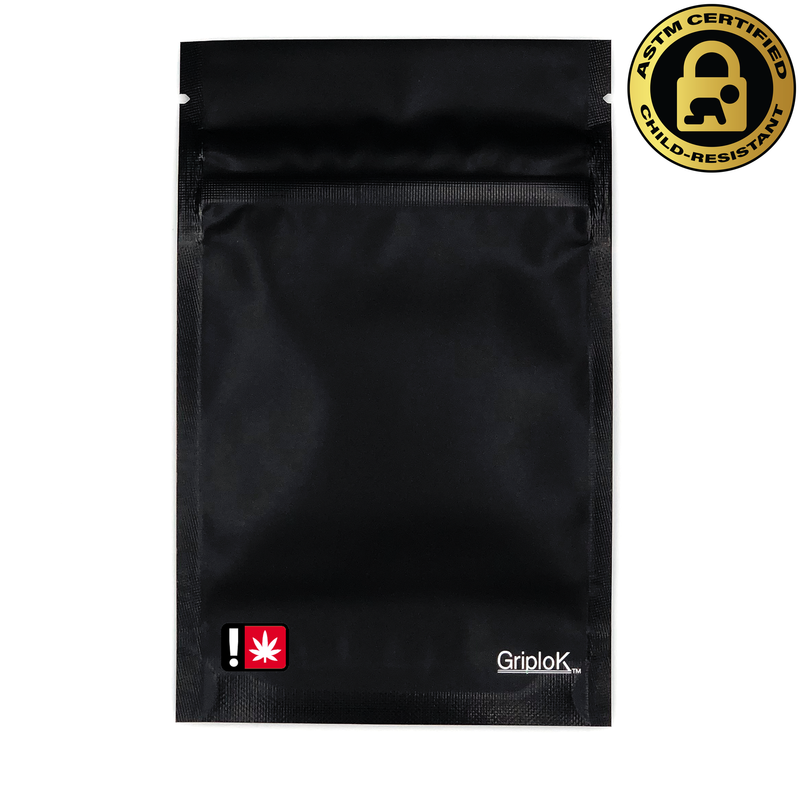 Oregon THC Sticker/Label Warning Symbol on a 3.5g Matte Black Child-Resistant GriploK Mylar Dispensary Bag