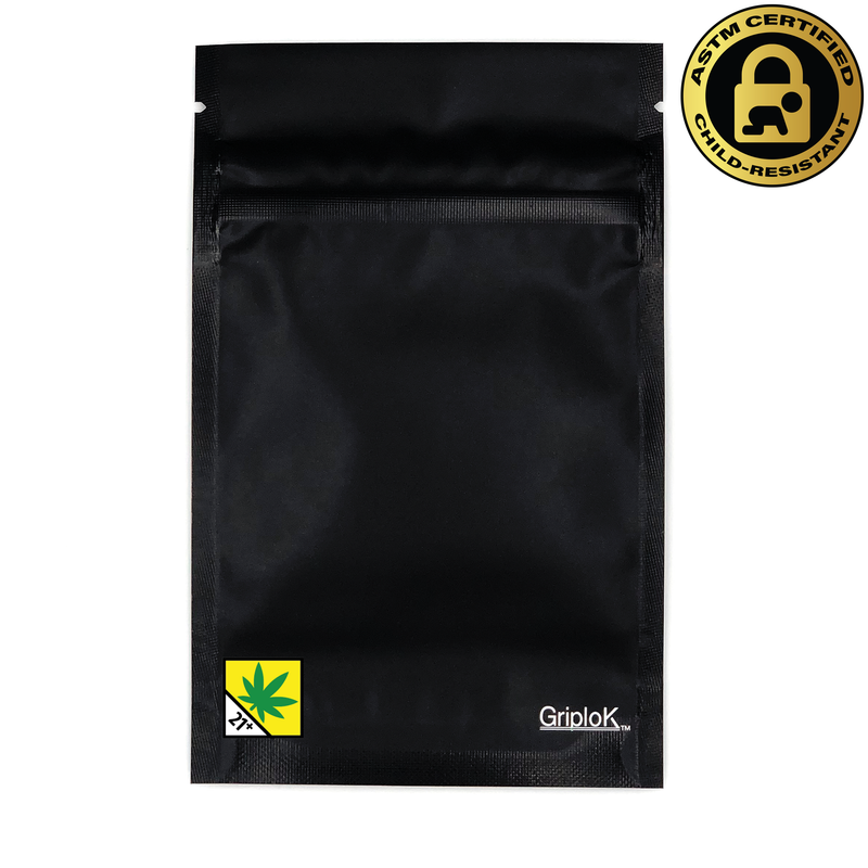 Washington THC Sticker/Label Warning Symbol on a 3.5g Matte Black Child-Resistant GriploK Mylar Dispensary Bag
