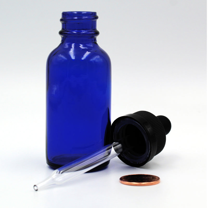 30ml Opaque Cobalt Blue Boston Round Dropper Bottle with Black Child-Resistant Glass Pipette (Comparison Picture)