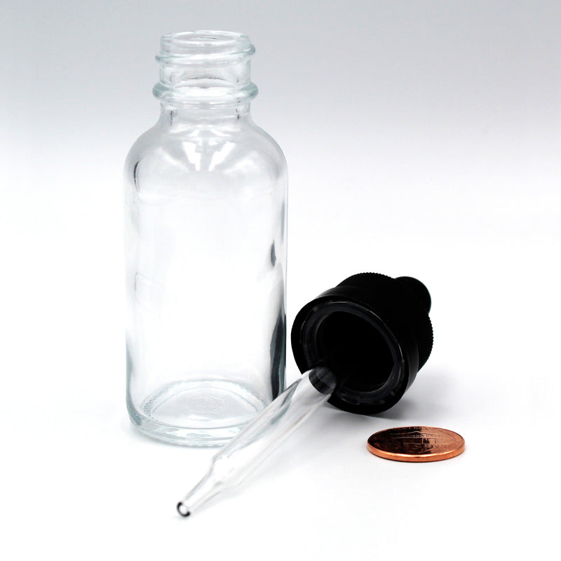 30ml Clear/Flint Boston Round Dropper Bottle with Black Child-Resistant Glass Pipette (Comparison Picture)