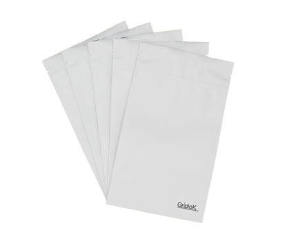 1/4oz (7g) Opaque White Child-Resistant GriploK Mylar Dispensary Bag with Film Above Zipper (Hero Shot)