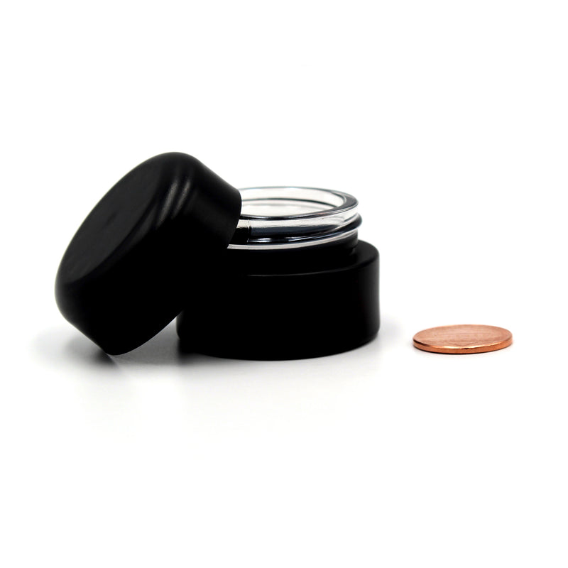 Certified Child-Resistant 9ml Opaque Black GriploK Glass Concentrate Jar with Black Dome Lid on Side (Comparison Picture)