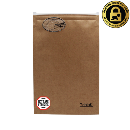 Maine & Massachusetts "Not Safe For Kids" THC Sticker/Label Warning Symbol on a 3.5g Kraft GriploK Dispensary Mylar Bag