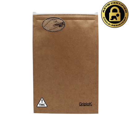 Nevada THC Sticker/Label Warning Symbol on a 3.5g Kraft GriploK Dispensary Mylar Bag