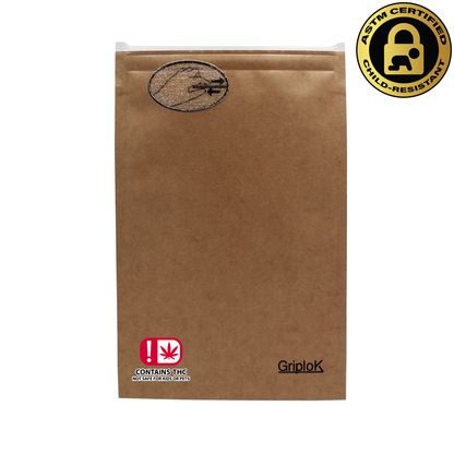 Oklahoma THC Sticker/Label Warning Symbol on a 3.5g Kraft GriploK Dispensary Mylar Bag