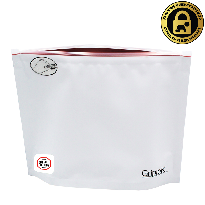 Maine & Massachusetts "Not Safe For Kids" THC Paper Sticker/Label Warning Symbol on an 8"x6"x3" White/Cherry Red Opaque Child-Resistant Mylar Dispensary Bag