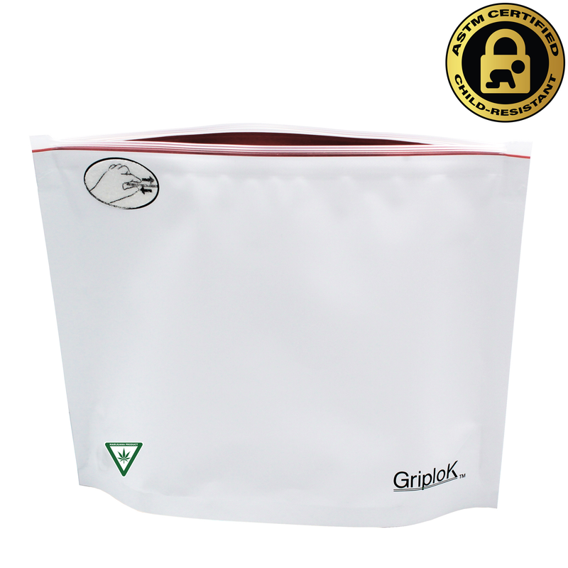 Michigan THC Sticker/Label Warning Symbol on an 8"x6"x3" White/Cherry Red Opaque Child-Resistant Mylar Dispensary Bag