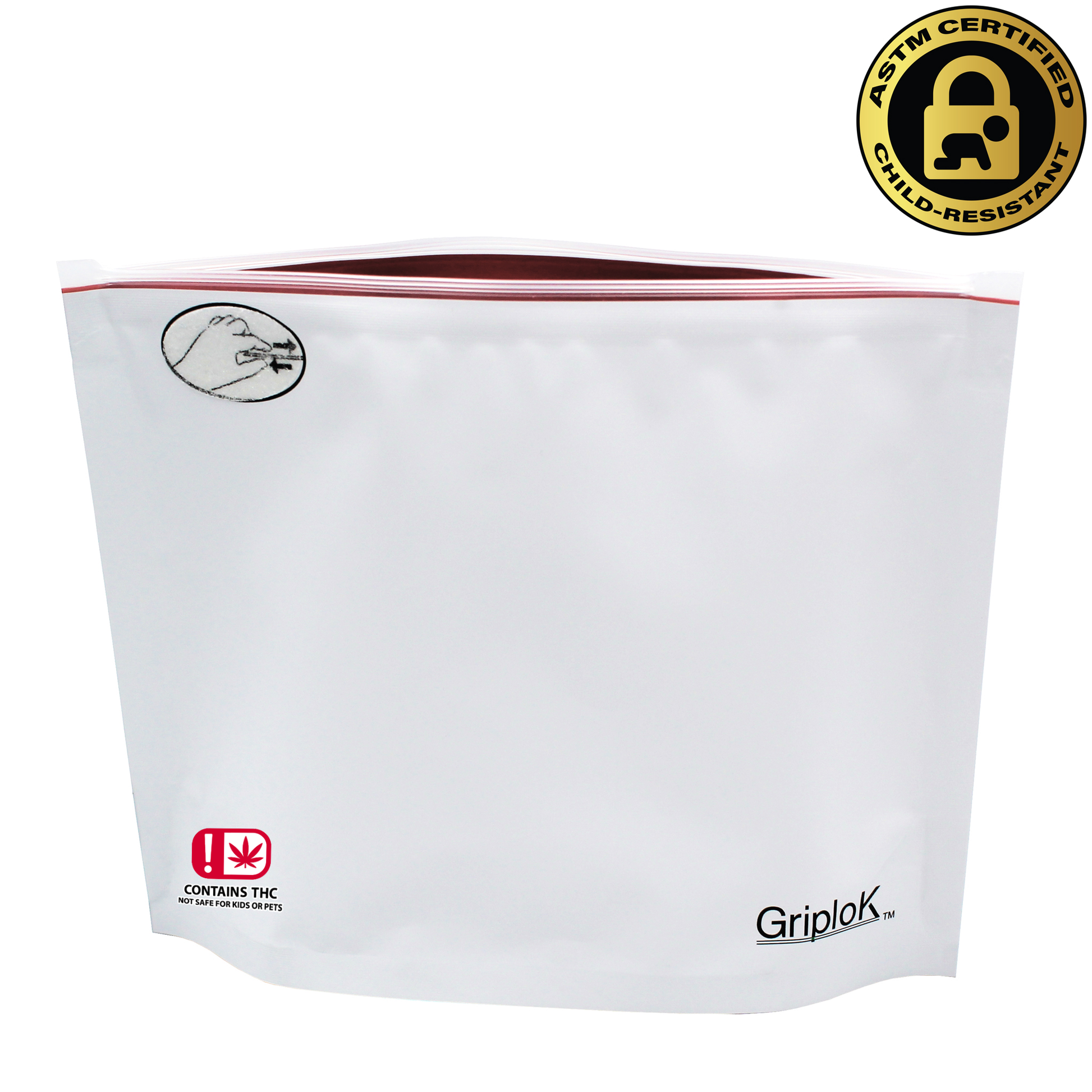 Oklahoma THC Sticker/Label Warning Symbol on an 8"x6"x3" White/Cherry Red Opaque Child-Resistant Mylar Dispensary Bag