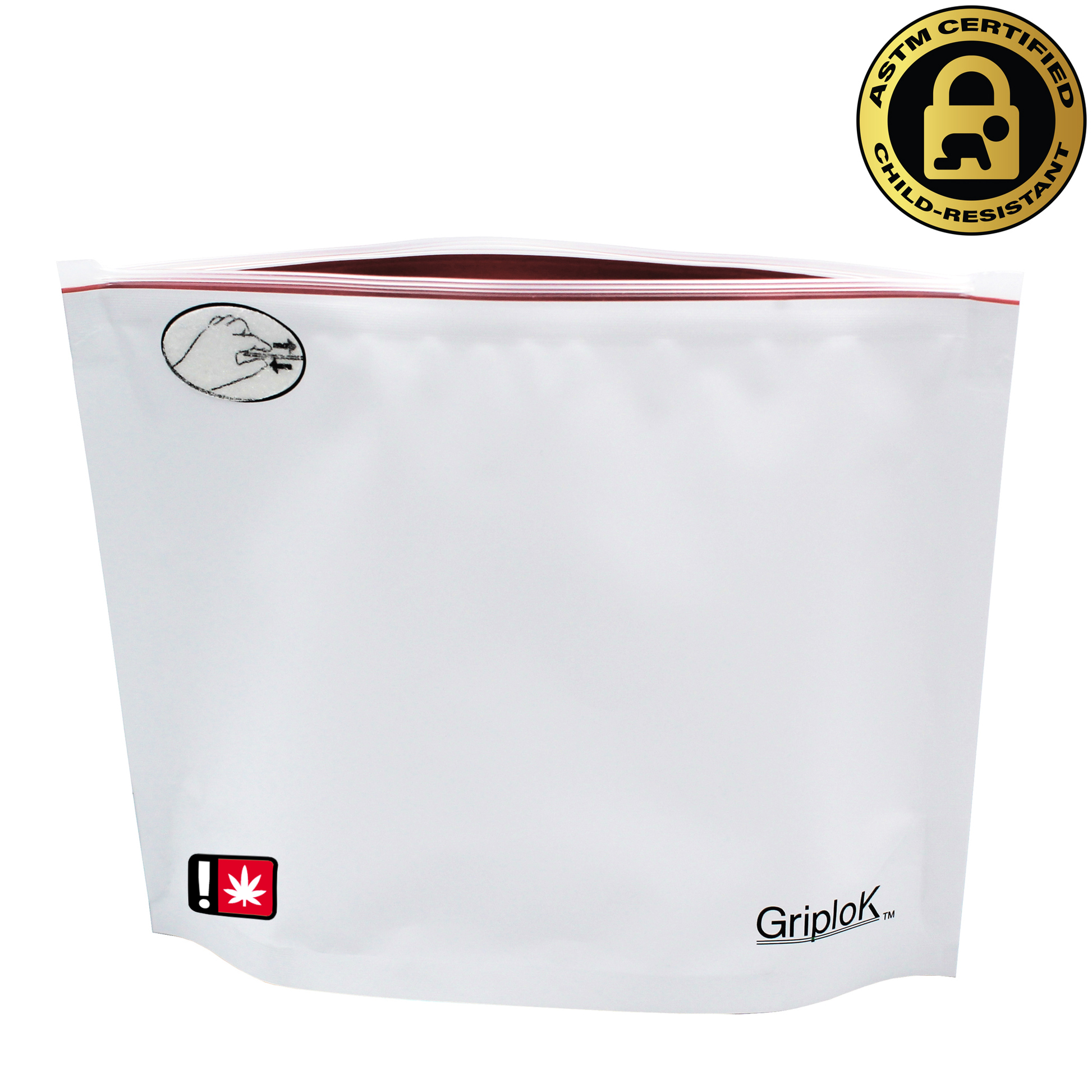 Oregon THC Sticker/Label Warning Symbol on an 8"x6"x3" White/Cherry Red Opaque Child-Resistant Mylar Dispensary Bag
