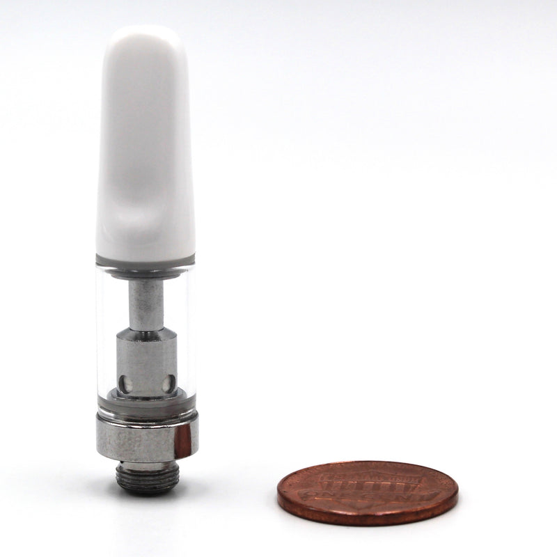 PureCore 0.5ml 510 Thread C-Core Vape Cartridge with White Ceramic Tip (2mm Aperture Holes) - Comparison Picture Next to Penny