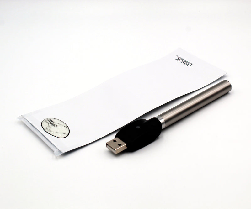 White Matte 2.5"x7" Exit Bag with Silver Adjustable Voltage 510 Vape Cartridge Battery with Button and USB Charger